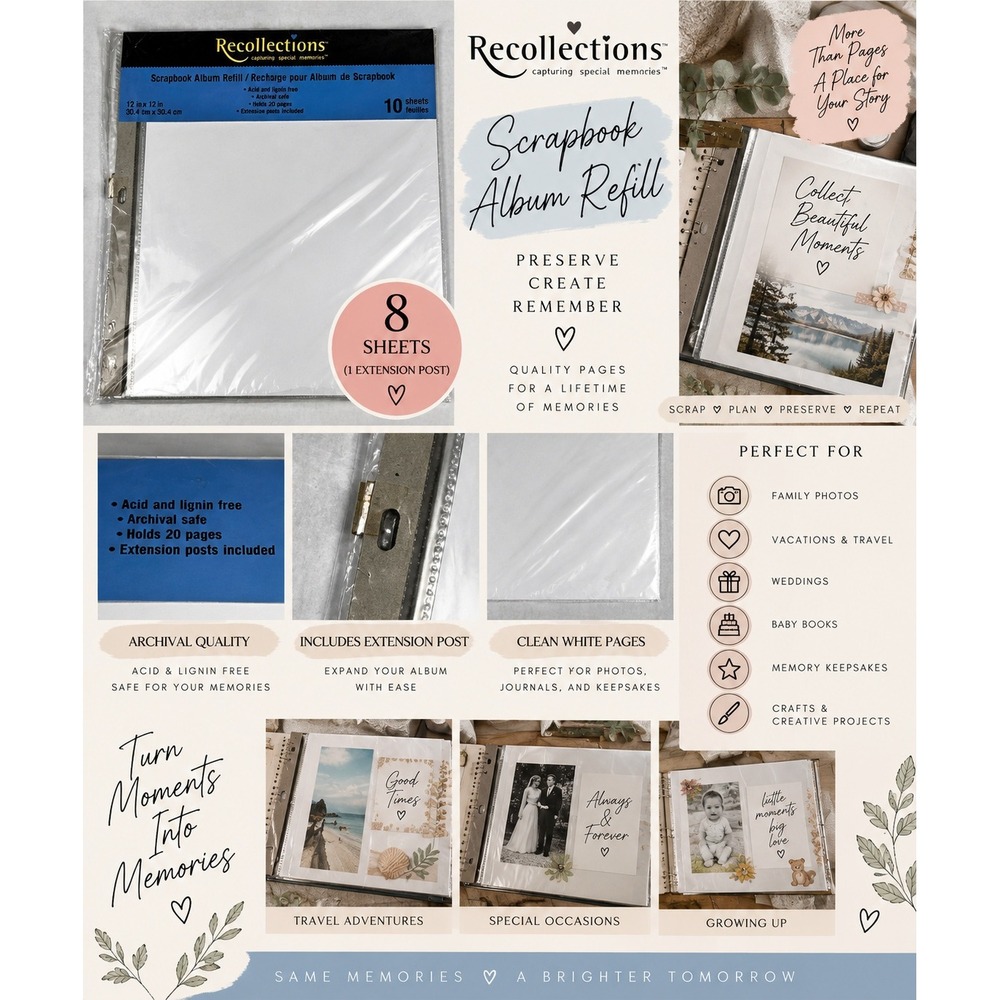 Recollections Scrapbook Refill White 12x12 8 Sheets 1 Post Page Protectors